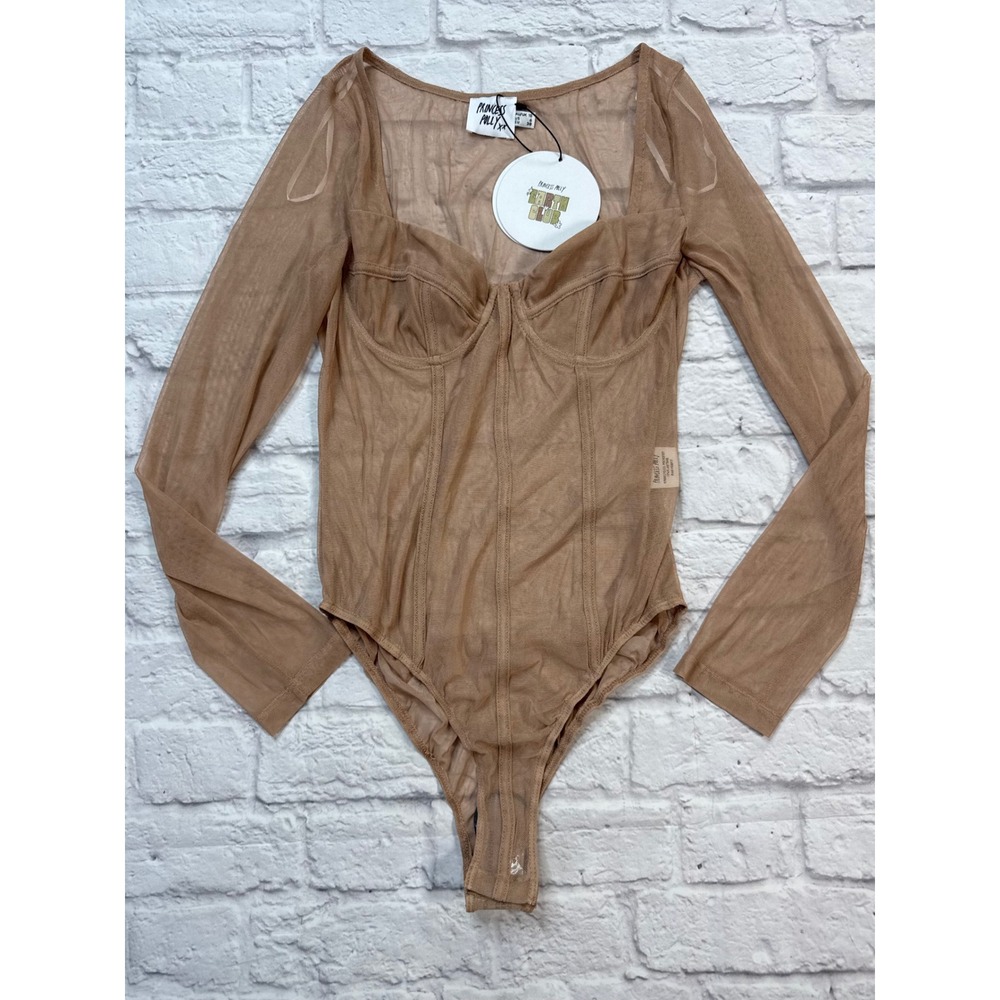 Princess Polly Bodysuit Womens 6 Tan New‎ Sheer Mesh Corset Long Sleeve 0492